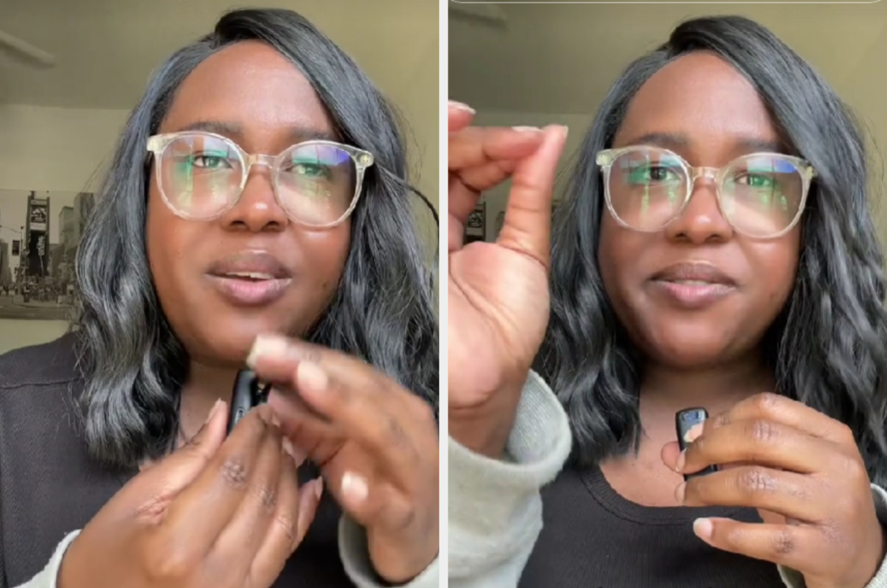 Woman holding a lipstick in one frame and gesturing with her hand in the other