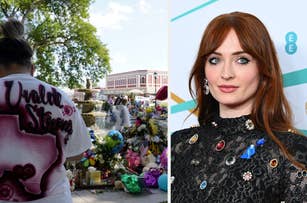 Person at a memorial in Uvalde, and Karen Gillan in a black dress adorned with colorful jewels