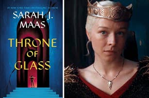Book cover of 'Throne of Glass' by Sarah J. Maas next to an image from "House of the Dragon"