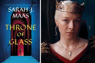 Book cover of 'Throne of Glass' by Sarah J. Maas next to an image from 