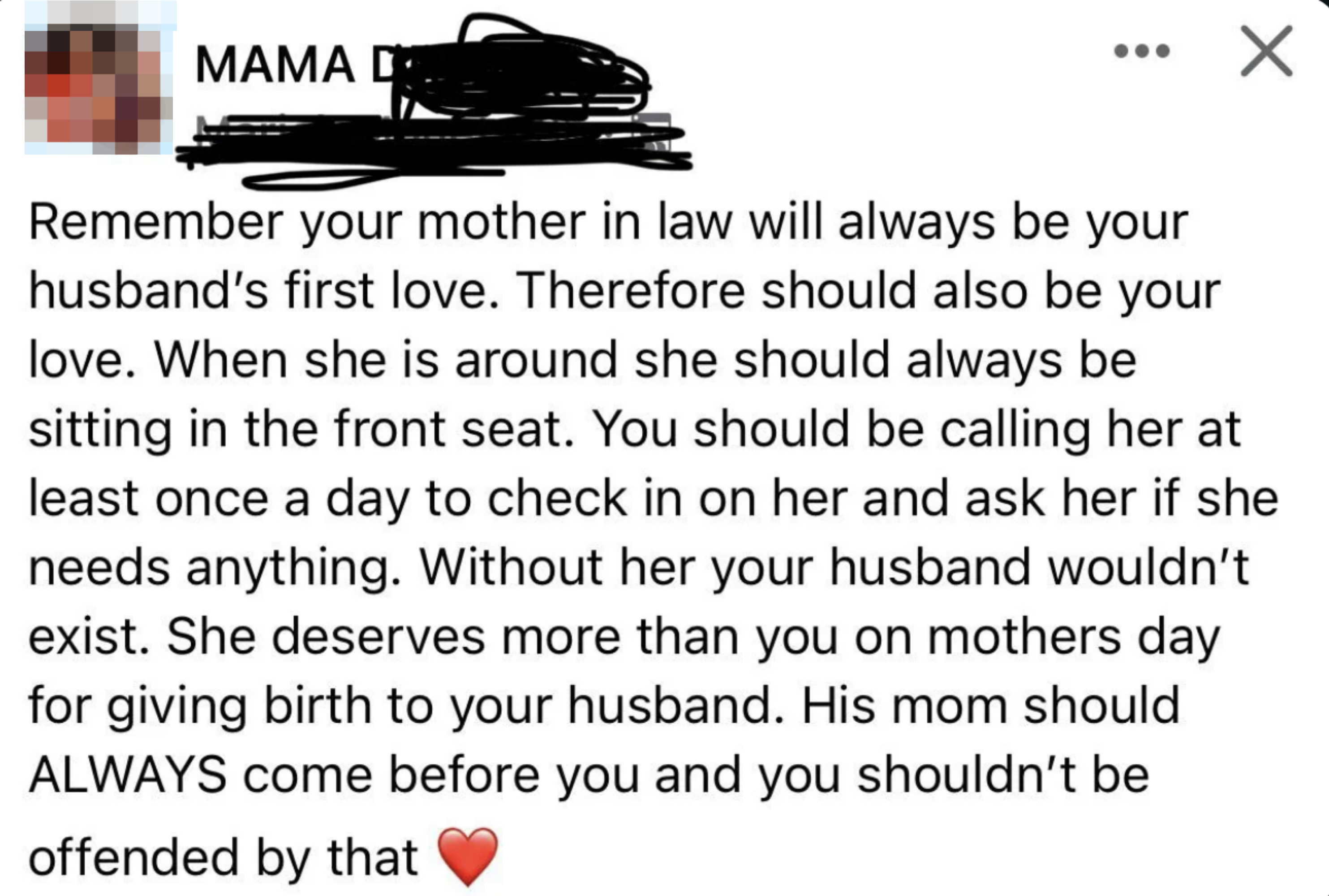 The image shows a text post with advice on respecting one's mother-in-law and valuing her presence and contributions