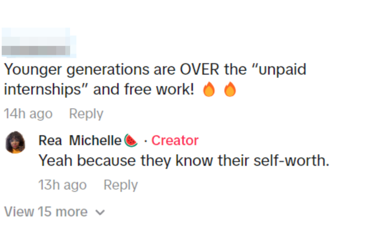 Social media post discussing negative views on unpaid internships with supportive comment