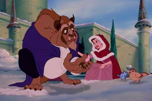 Animated characters Beast and Belle from Disney's Beauty and the Beast, with Belle offering a birdseed to two birds