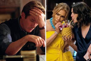 Richard Gere looking upset and Jennifer Lopez chugging a pineapple drink with a dark-haired friend in a side-by-side photo