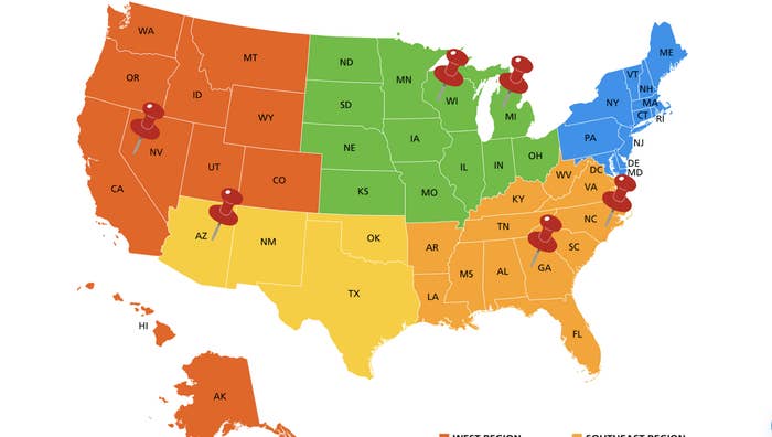 Map of the US showing regions with colored states and pushpin markers at certain locations
