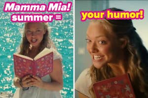 Woman holding a book with a beach backdrop, split screen with the same woman smiling. Text reads "Mamma Mia! summer = your humor!"