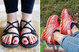 reviewer in black braided sandals / reviewer in pink sneakers