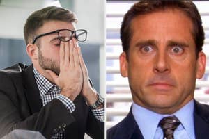 Professional in suit appears stressed at work; alongside, Michael Scott from The Office shows a shocked expression