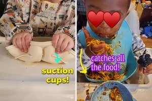 reviewer's child trying to lift a plate with suction cups and reviewer's child eating spaghetti with spaghetti in their bob pocket