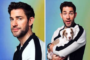 John Krasinski in two poses, one serious and one surprised, holding a puppy in a two-toned jacket