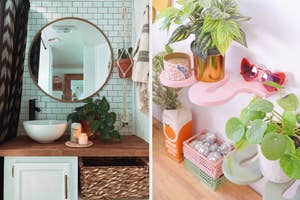 Interior of a cozy bathroom with a round mirror and vanity, next to an image of a shelf with plants and sunglasses