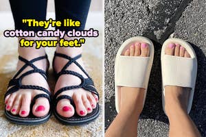 reviewer in black braided sandals with text "they're like cotton candy clouds for your feet" / reviewer in white cushy slides