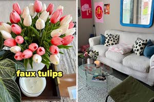 A display of artificial tulips next to a cozy living room setup with decorative pillows and a coffee table