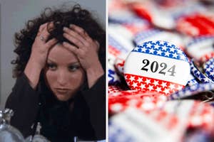 Split image: Left shows a worried person with hands on head, right features a 2024 badge on a flag-patterned background