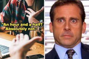 Person gesturing "no" during a meeting and Michael Scott from "The Office" looking shocked, implying workplace disagreement