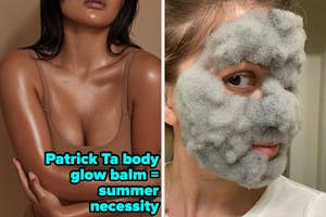 model wearing Patrick Ta body glow balm and reviewer using bubbling mask
