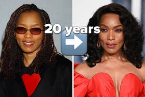 Two side-by-side photos of Angela Bassett, before and after, indicating a 20-year difference