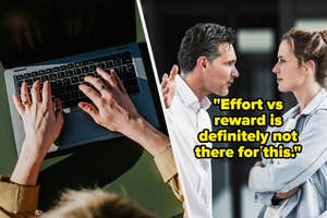 Two images side by side, left shows hands typing on a laptop, right shows a man and woman in a discussion with a quote
