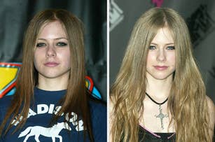 Avril Lavigne in a graphic tee on the left and a black top with a cross necklace on the right
