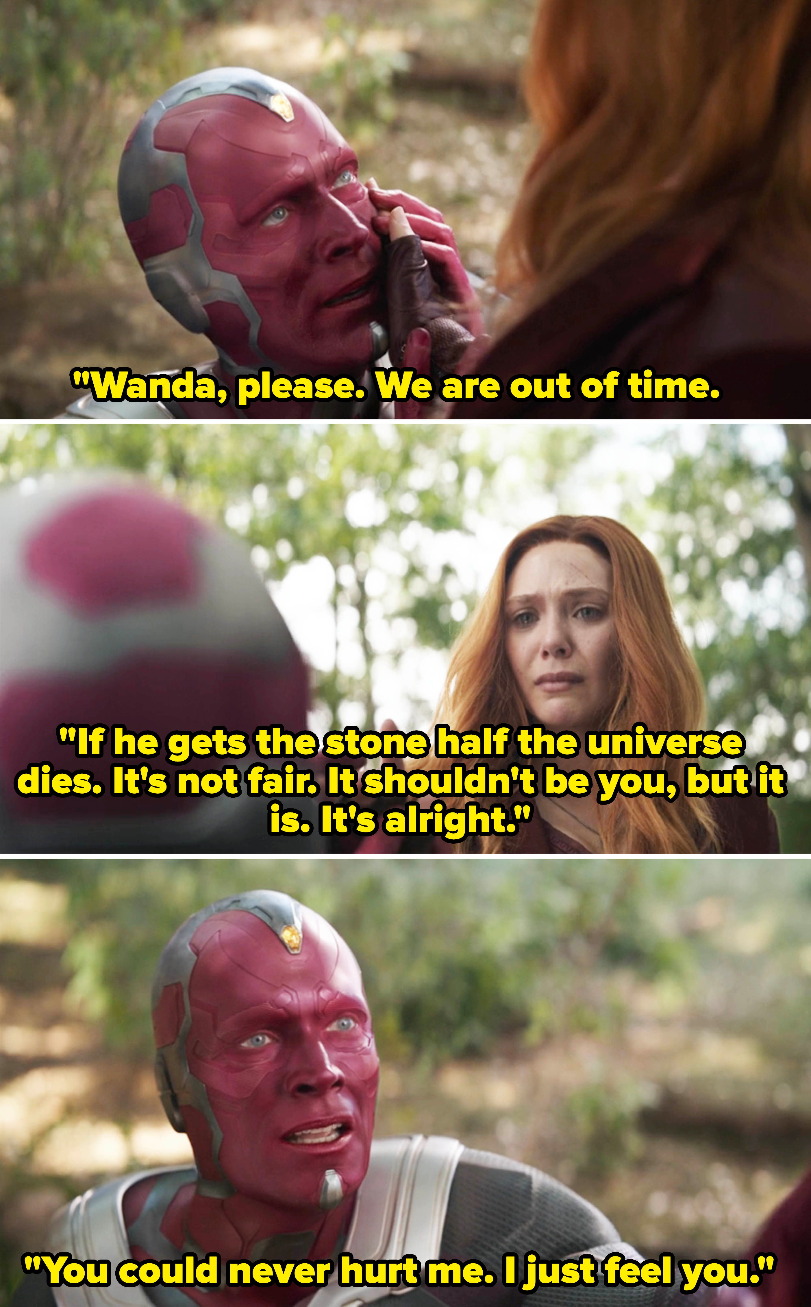 Vision telling Wanda she needs to destroy the stone, and saying, "You could never hurt me. I just feel you"