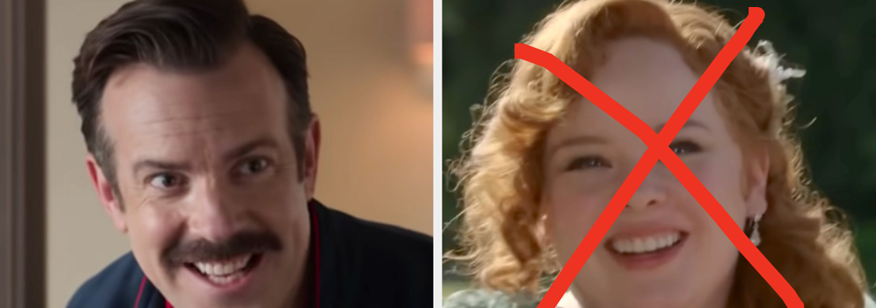 On the left, Ted Lasso, and on the right, Penelope from Bridgerton with an x drawn over her face