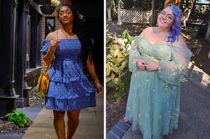 reviewer in blue off shoulder dress and reviewer in tulle gown