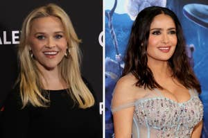 Reese Witherspoon smiles in a black outfit; Salma Hayek in a beaded gown