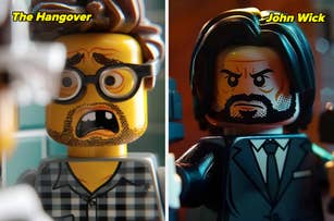 Lego figures styled as characters from "The Hangover" and "John Wick"