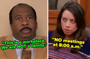 Stanley from "The Office" with a quote: "The is a workplace; we are not a family" next to April from "Parks and Rec" with the quote: "No meetings at 8 am"