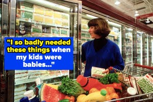 Woman with shopping cart full of groceries, standing by frozen food aisle, with a speech bubble about needing items when her kids were babies