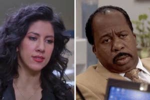 On the left, Rosa from Brooklyn Nine Nine, and on the right, Stanley from The Office