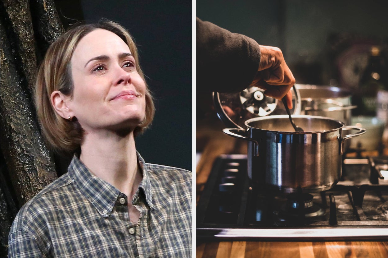 Two images side by side; left: A smiling woman in a plaid shirt, right: A person cooking with a pot on the stove
