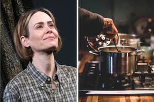 Two images side by side; left: A smiling woman in a plaid shirt, right: A person cooking with a pot on the stove