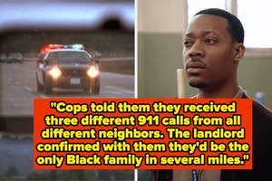 A split image with a police car on the left, and a man on the right with a quote about police calls and racial context