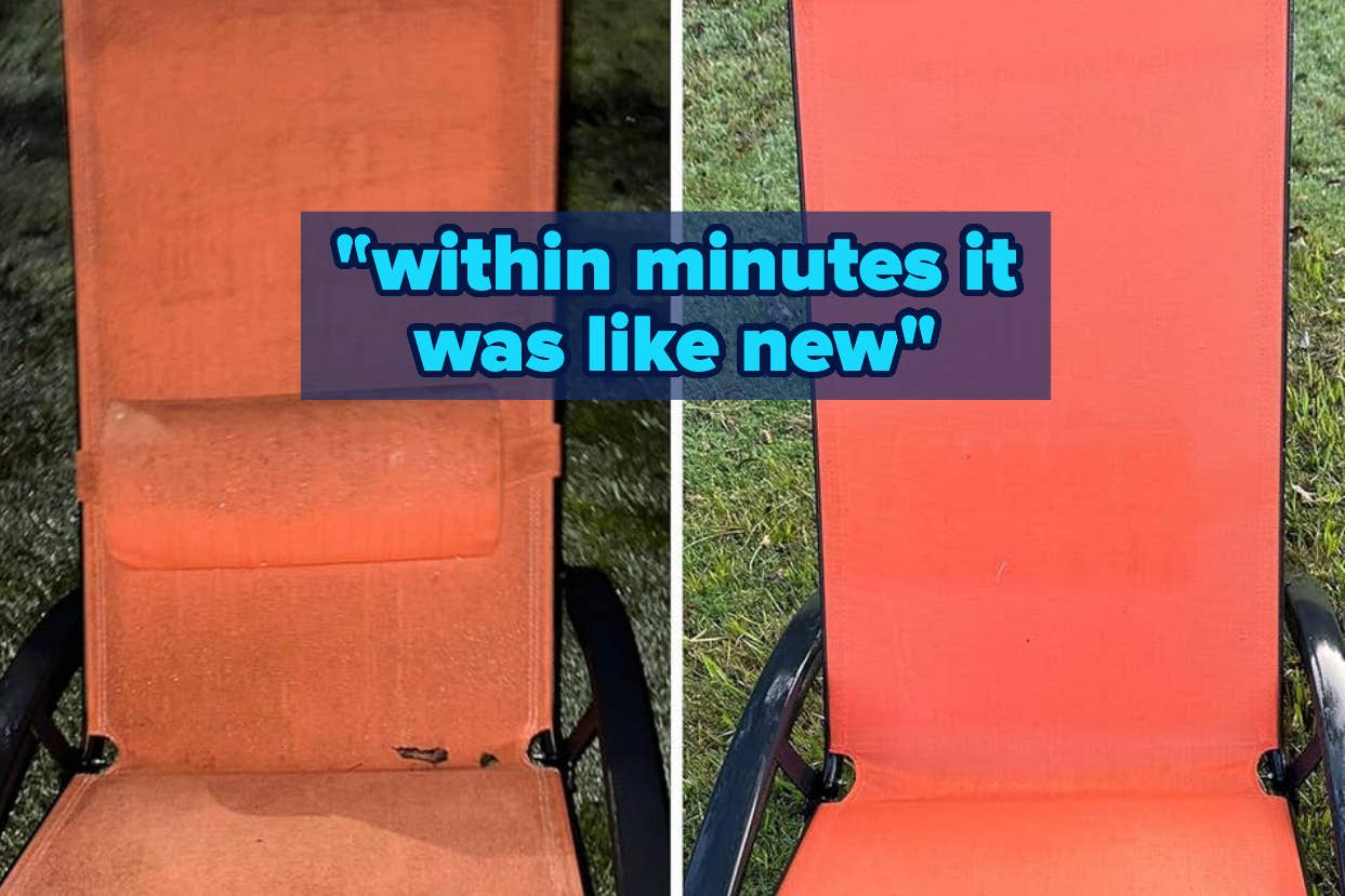 before and after or reviewer's pool chairs with quote "within minutes it was like new" and dirty chair on left and clean chair on right