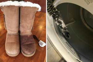 Two images: Left shows a pair of well-worn winter boots one cleaned and one still dirty next to suede and nubuck brush; right depicts a dryer lint brush with lint on it inside of dryer drum