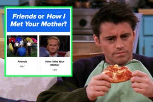 Joey from Friends deep in thought next to a screenshot of the question Friends or How I Met Your Mother