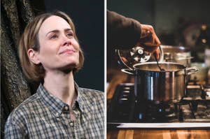Two images side by side; left: A smiling woman in a plaid shirt, right: A person cooking with a pot on the stove