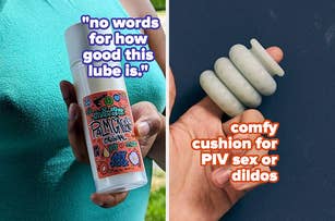 Person holding a bottle of personal lubricant; another showing a cushion ring. Text reviews praise both products