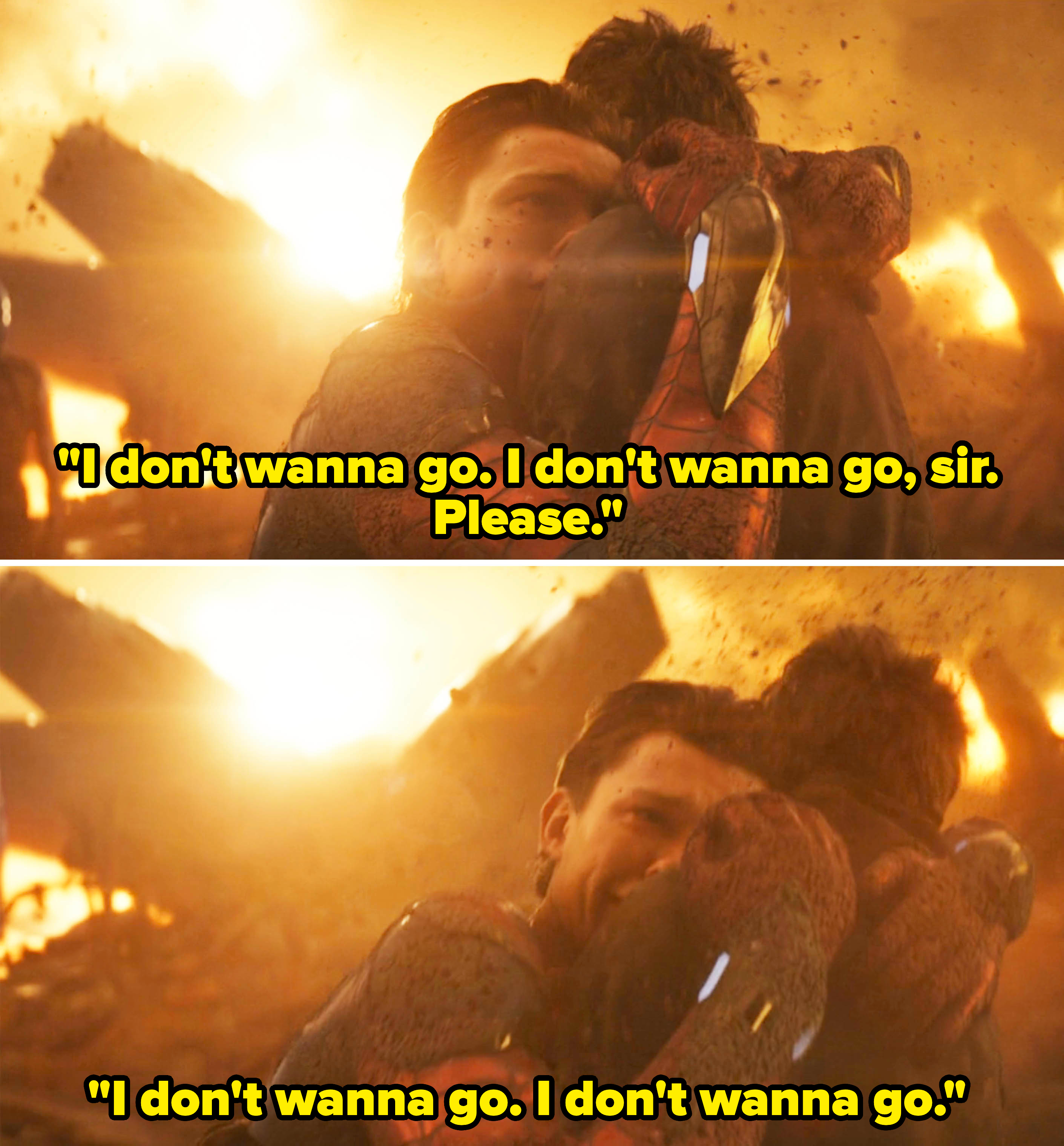 Peter Parker repeating "I don't wanna go" as he embraces Tony Stark