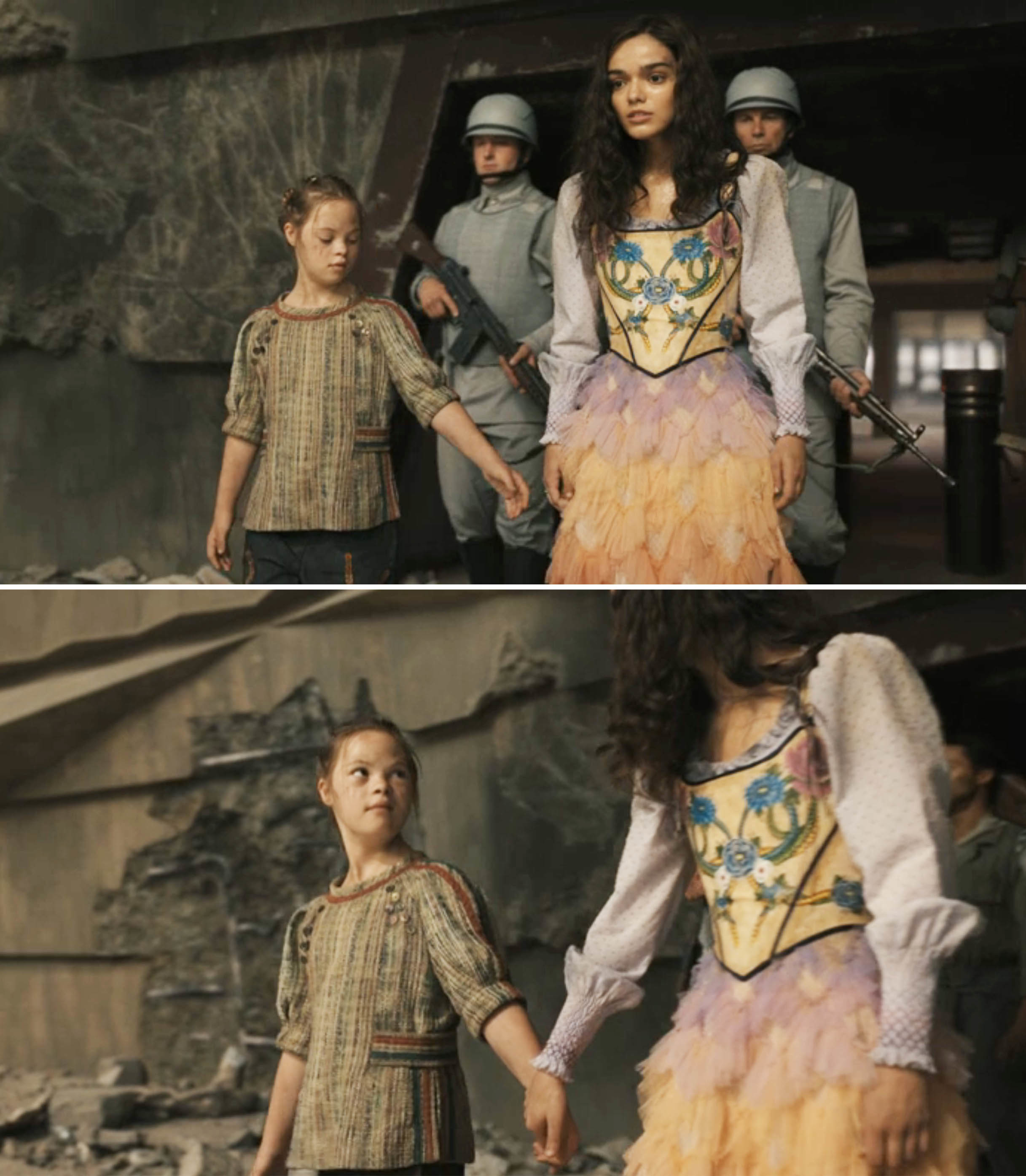 Wovey walking next to Lucy Gray and holding her hand