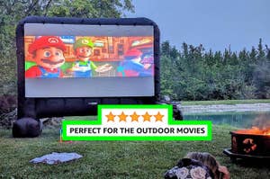 a reviewer's inflatable outdoor movie screen "perfect for the outdoor movies"