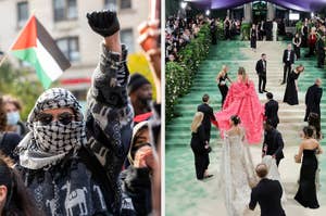Two images side by side: Left shows a protester raising a fist, right features a celebrity in an elaborate dress at the Met Gala