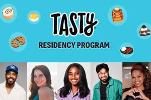 Logo for Tasty Residency Program with icons of various foods, and portraits of five smiling individuals beneath