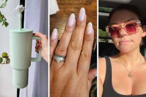 A collage of three images: left with a hand holding a mug with a cute design, middle showing a manicured hand, right with a person wearing sunglasses in a car