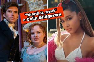 Split image with Colin Bridgerton and Penelope Featherington characters on left, and artist styled like Ariana Grande on right