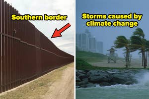 Split image: Left shows a border fence. Right displays a coastal city with rough seas and a lifeguard tower