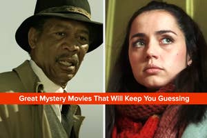 Split screen of Morgan Freeman in a hat and suit, and a young woman with a red scarf looking concerned