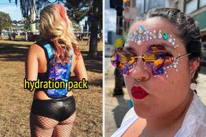 Person wearing colorful hydration backpack, person wearing colorful face jewels