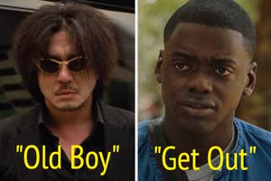 Split image of "Old Boy" and Daniel Kaluuya's character in a denim jacket from "Get Out."